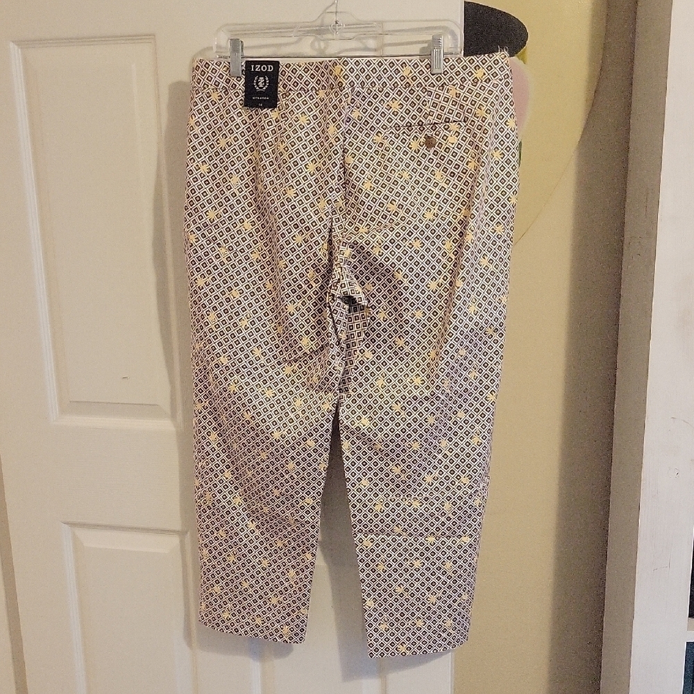 IZOD stretch brown, white Geo Print Crop Pants yellow accent front pockets NWT - Picture 6 of 7